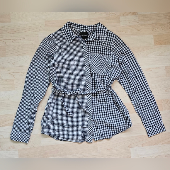 Buckle Black and White Mixed Gingham Print Button Up With Waist Tie - Picture 2 of 7